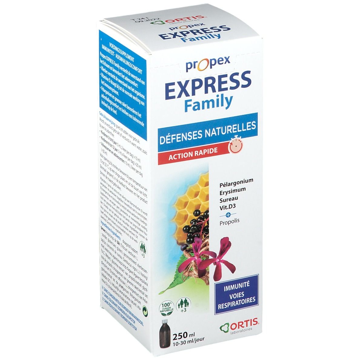 Boîte Ortis® Propex Express Family. Ingrédients et informations. Contient 250 ml. Illustration de plantes.