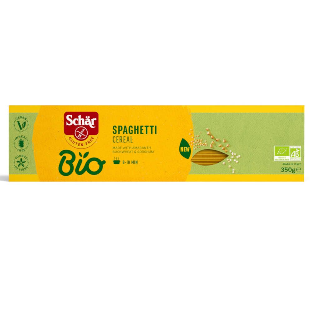 Paquet jaune "Schär Bio Spaghetti Cereal". Sans gluten, végétalien. Contient amarante, sarrasin et sorgho. 350g.