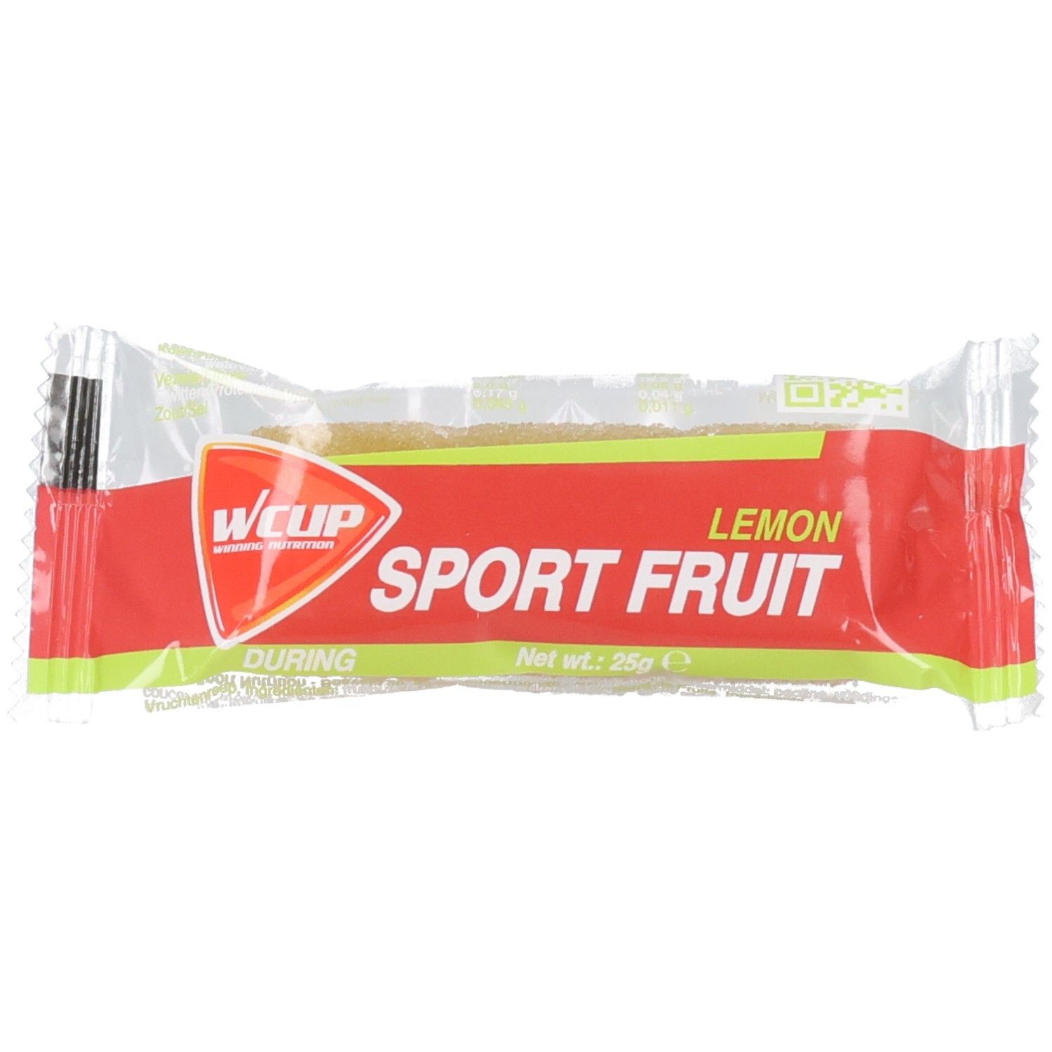Emballage avec étiquette rouge. Inscription: Wcup Sport Fruit Lemon. Poids net: 25g. Produit transparent et allongé visible.