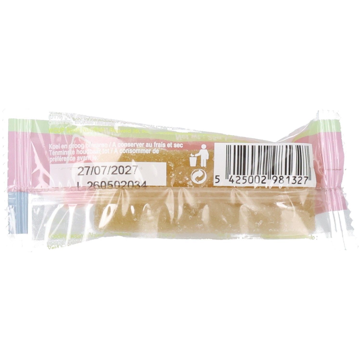 Emballage transparent avec produit. Impression: date de péremption, code-barres, texte. Forme allongée.