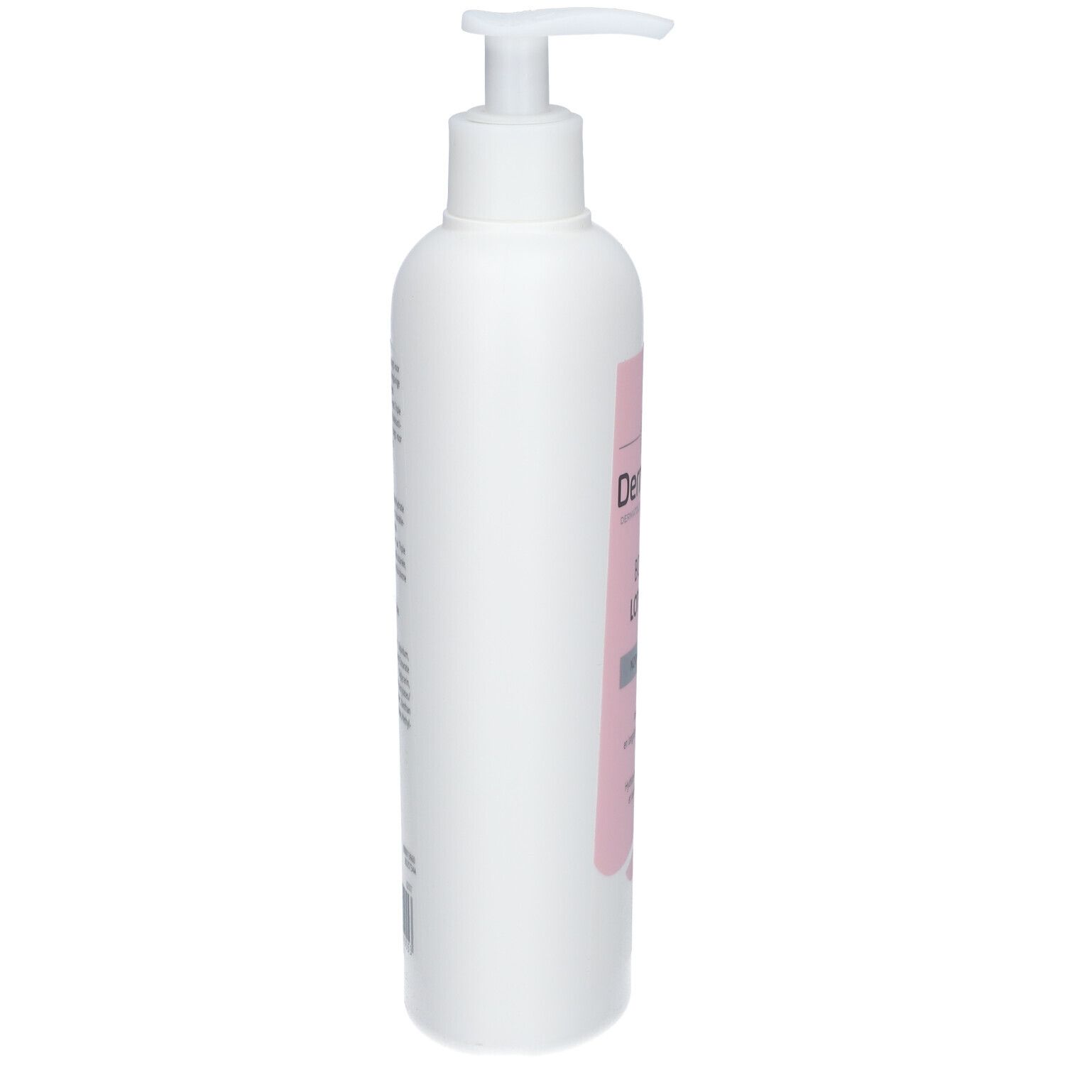 Flacon blanc avec pompe. Texte latéral en plusieurs langues.