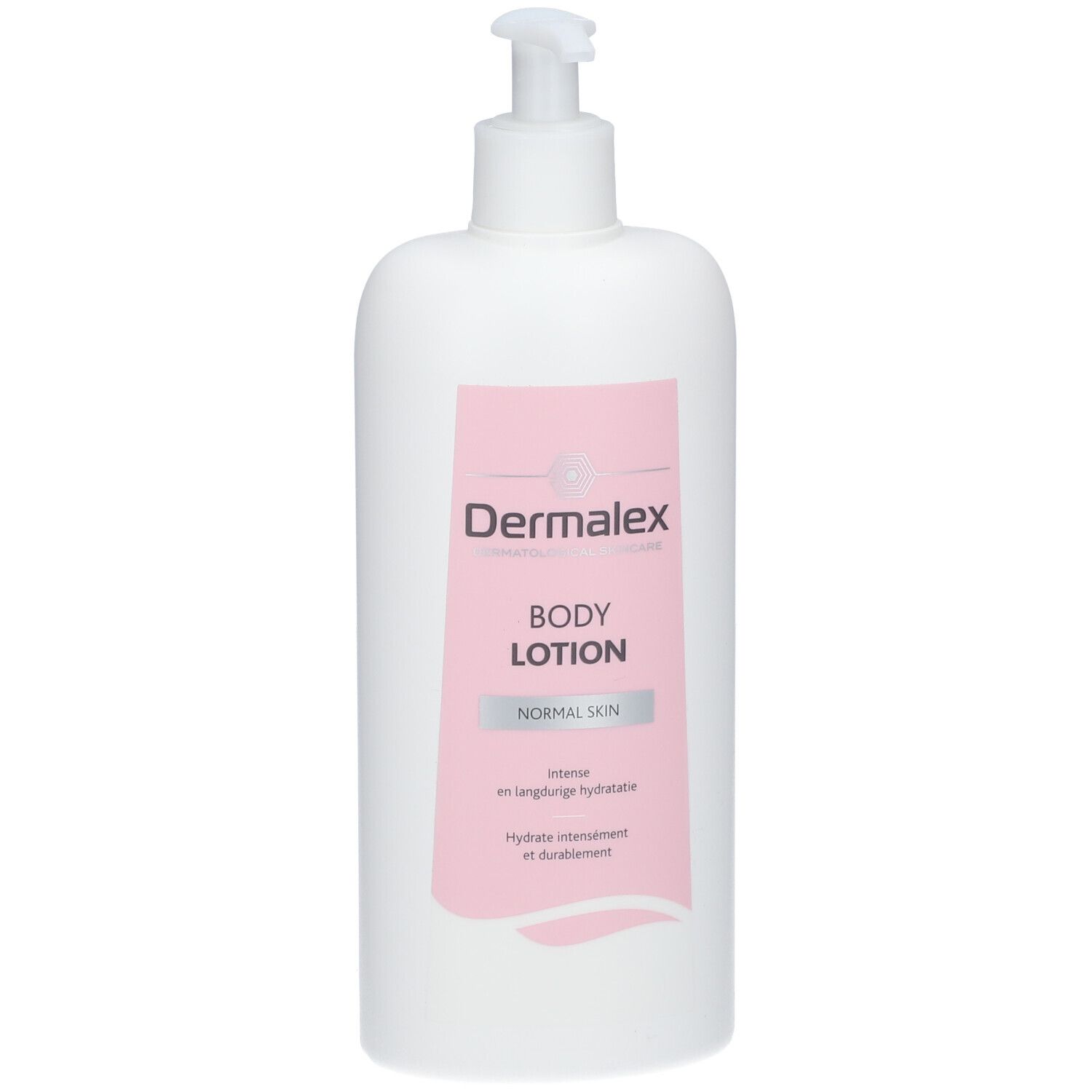 Flacon blanc avec étiquette rose. Inscription: Dermalex Body Lotion. Pour peau normale.