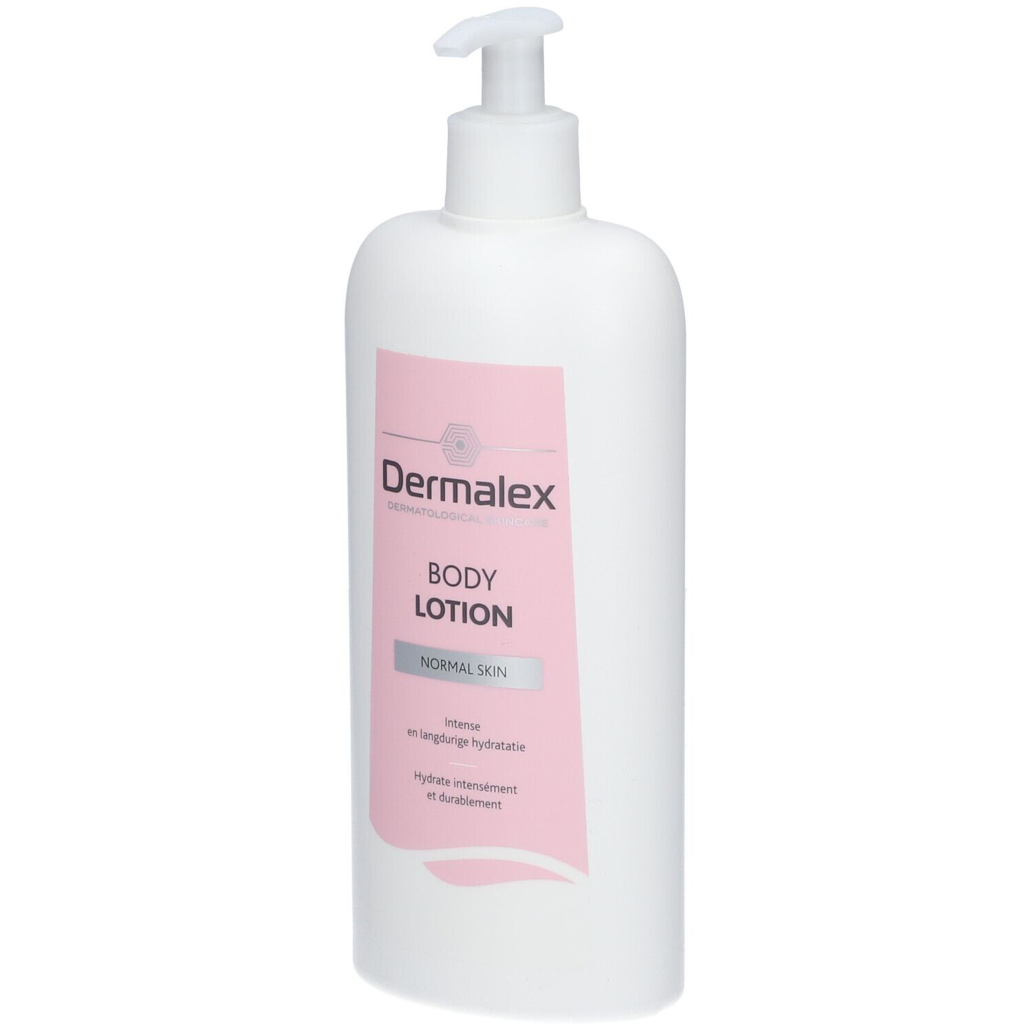 Flacon blanc avec étiquette rose. Inscription: Dermalex Body Lotion. Pour peau normale.