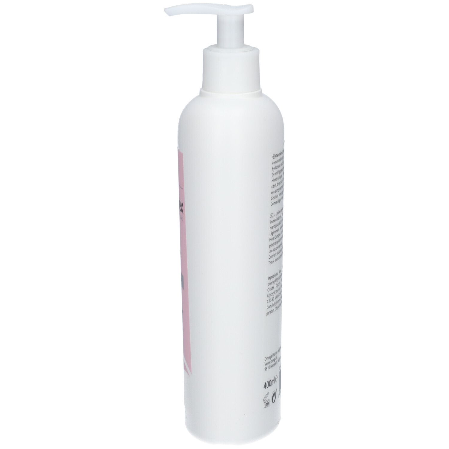 Flacon blanc avec pompe. Texte latéral en plusieurs langues.