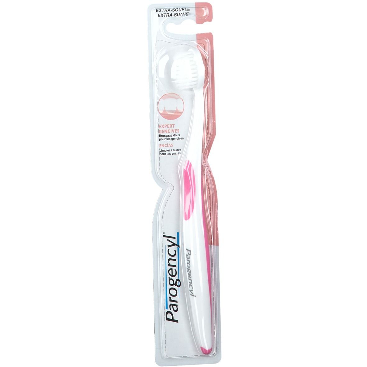 Brosse à dents sous blister. Manche blanc avec accents roses. Tête de brosse à poils blancs. Marque Parogencyl.