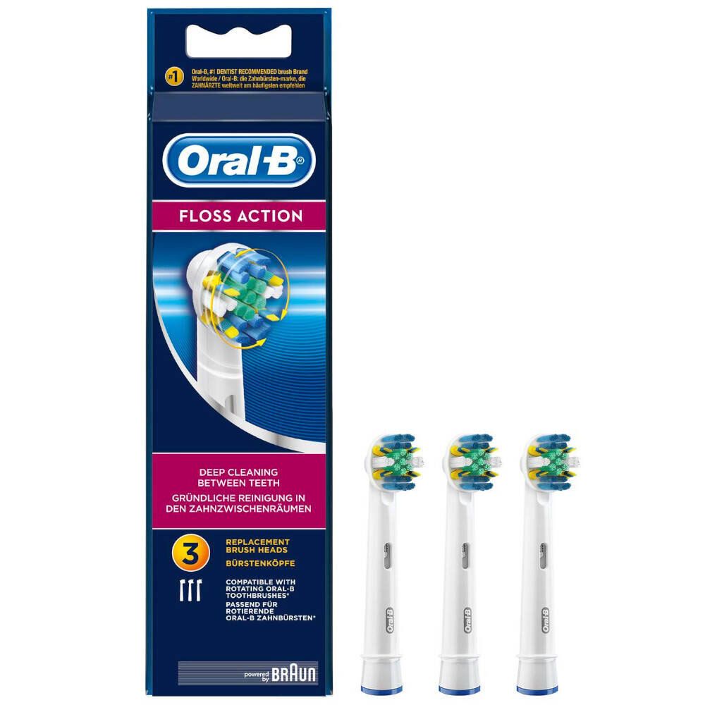 Recharges Oral-B Floss Action, lot de 3. Emballage bleu avec image du produit et texte. Compatibles avec les brosses à dents électriques.