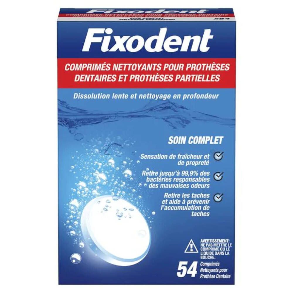 Boîte de comprimés nettoyants. Emballage bleu avec nom et informations. Une tablette est visible.