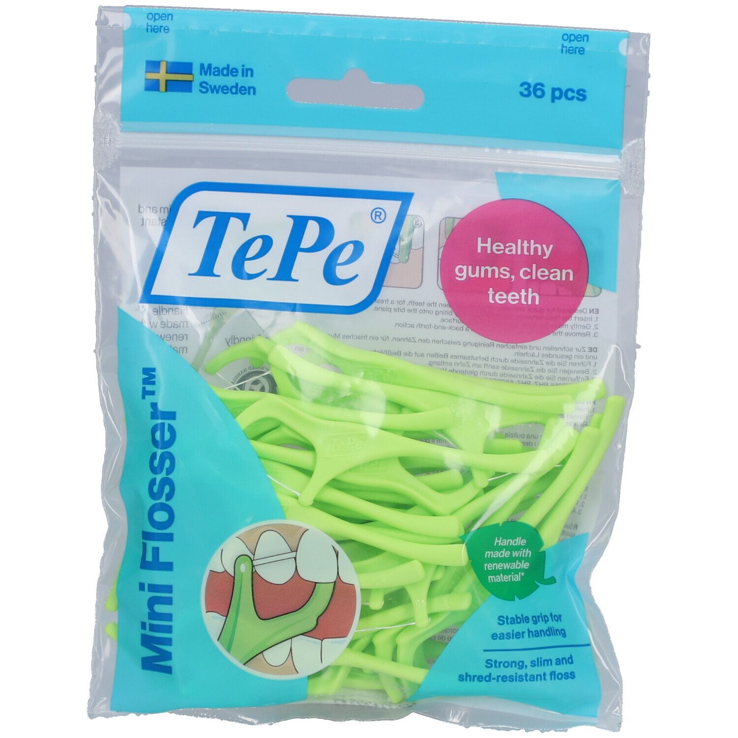 Paquet de Mini Flosser TePe verts. 36 pièces. Inscription : "Healthy gums, clean teeth". Fabriqué en Suède.