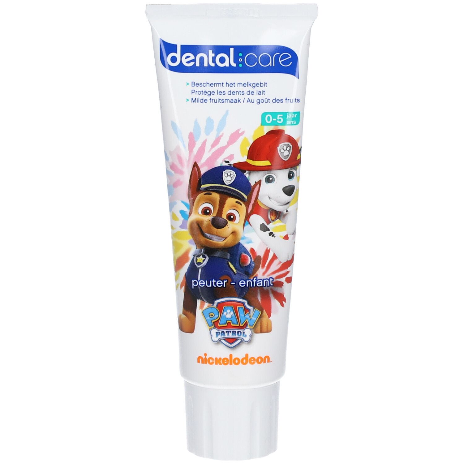 Tube de dentifrice avec personnages Pat'Patrouille. Inscription 'dental care' et '0-5 ans'.