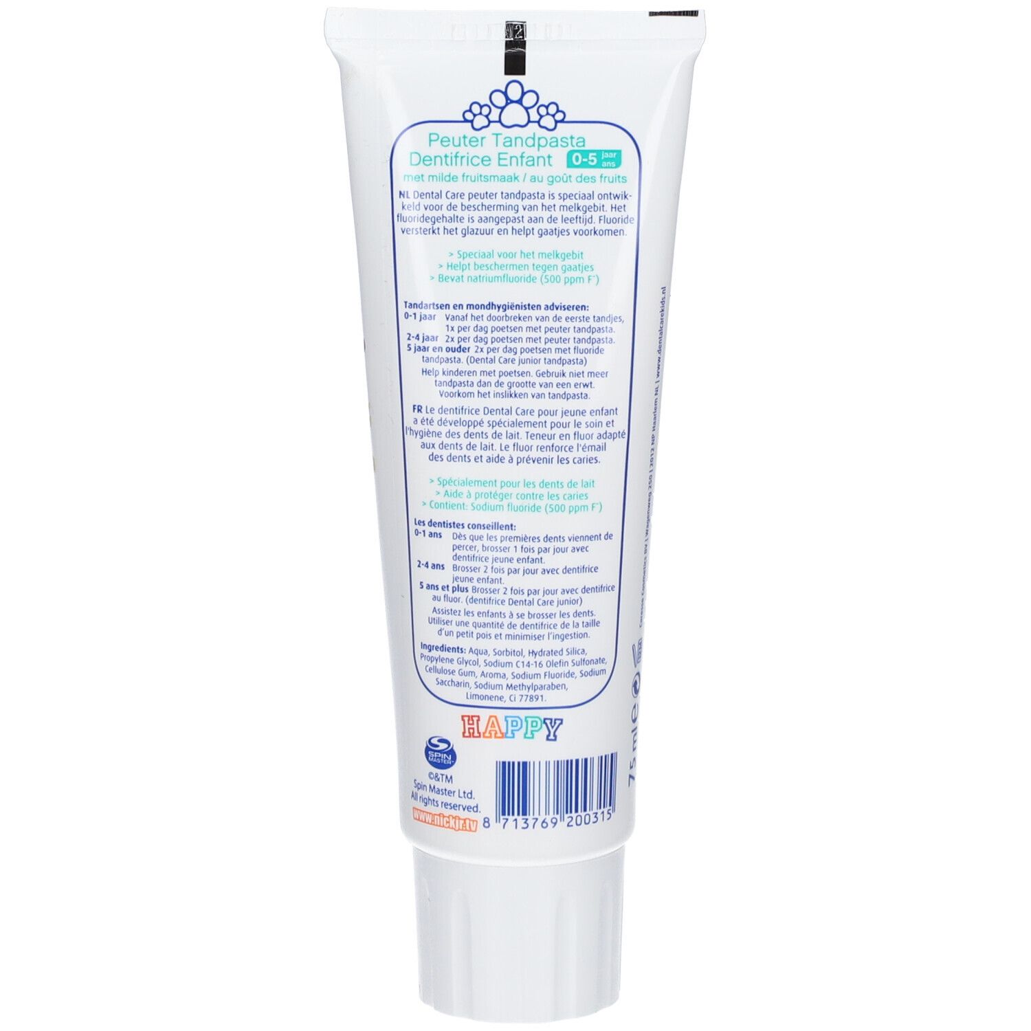 Dos du tube de dentifrice. Texte multilingue, dont 'Peuter Tandpasta'.