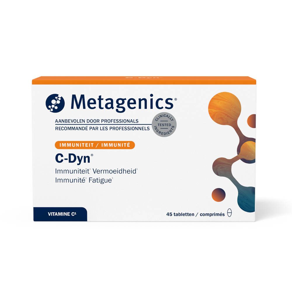 Boîte orange avec logo C-Dyn et texte. Contient 45 comprimés de vitamine C. Avec le logo Metagenics.
