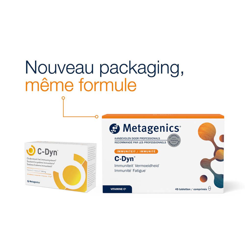 Comparaison de deux emballages C-Dyn. Une boîte blanche et une boîte orange. Texte : Nouveau packaging, même formule.