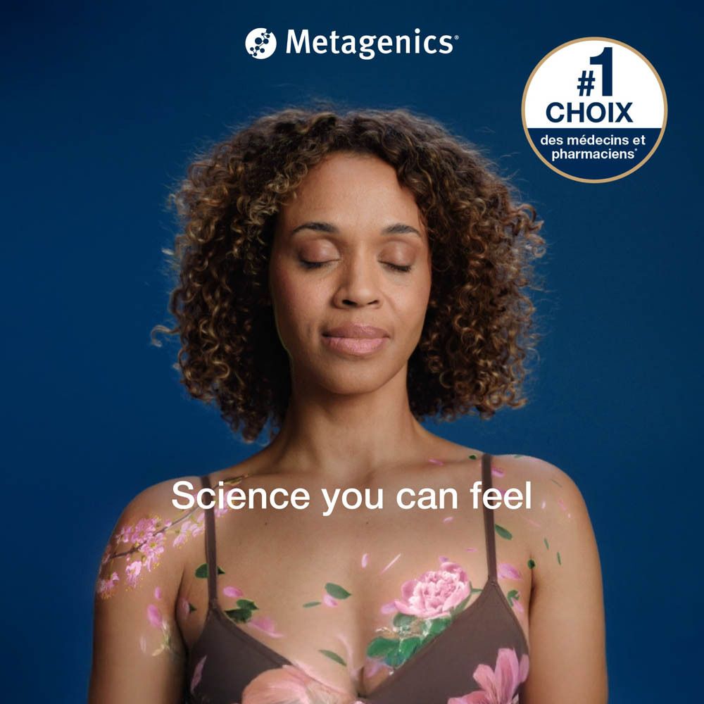 Femme aux yeux fermés, fleurs sur la poitrine. Texte : Science you can feel. Logo Metagenics et #1 Choix.