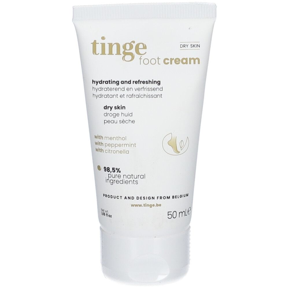 Tube blanc de crème pour pieds Tinges, 50ml. Pour peau sèche, avec menthol, menthe poivrée et citronnelle.