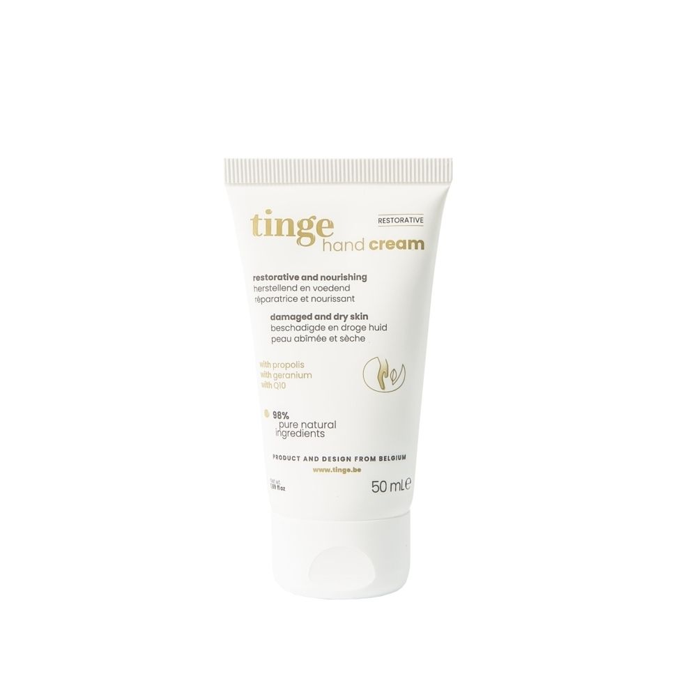 Tube de crème pour les mains Tinge, 50ml, à la propolis et au géranium.
