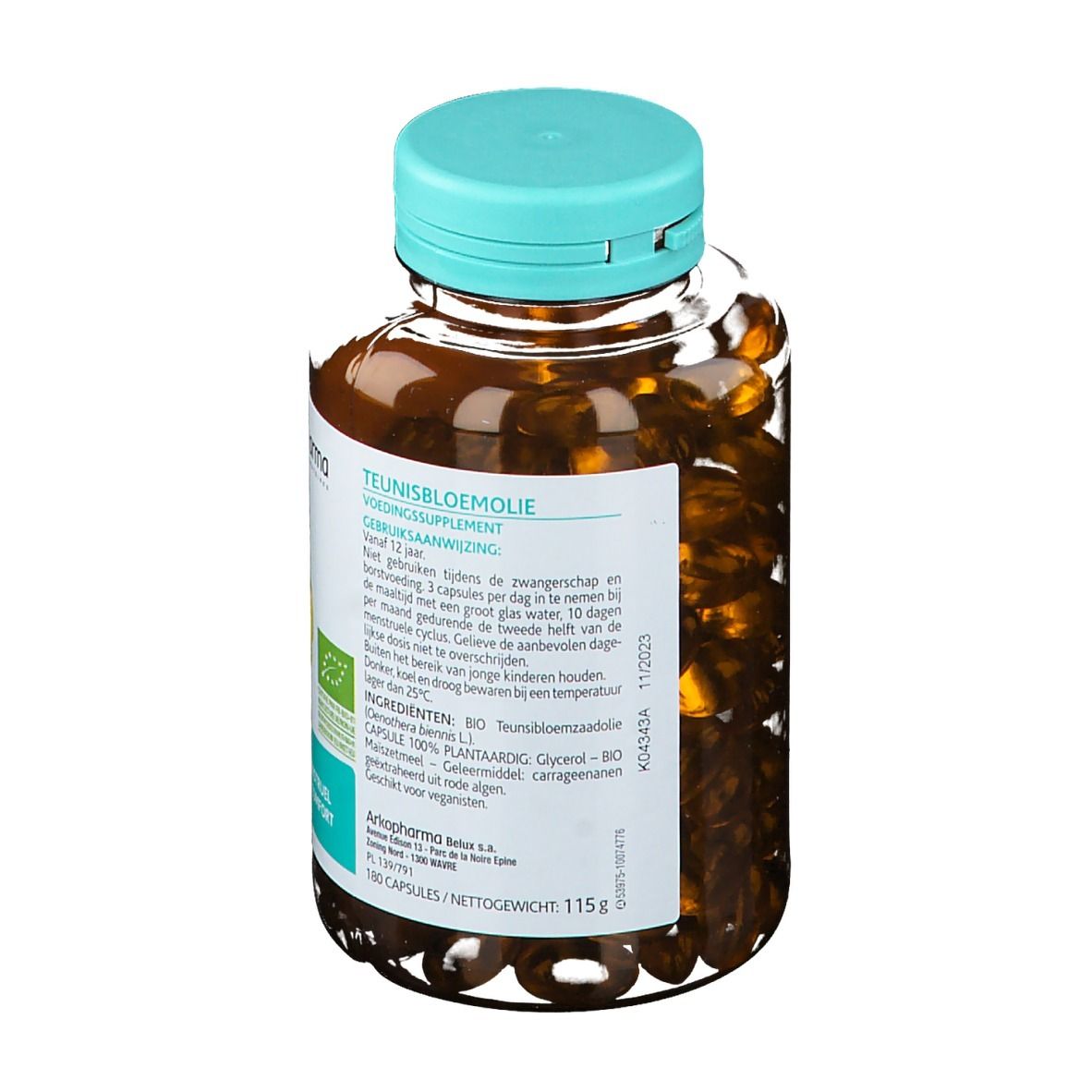 Dos d'un flacon de gélules. Étiquette avec informations produit, ingrédients et logo Arkopharma.