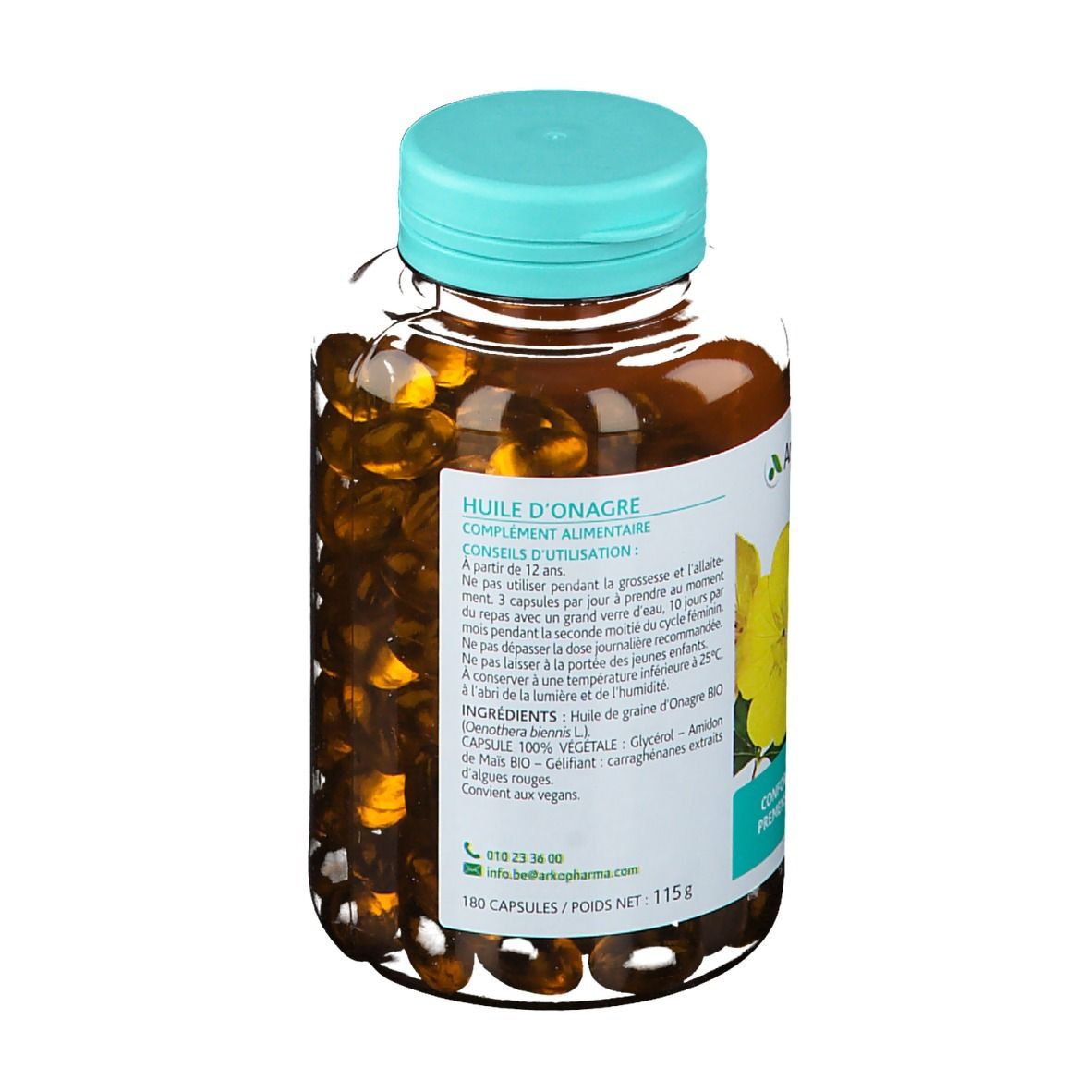 Dos d'un flacon de gélules. Étiquette avec informations produit, ingrédients et logo Arkopharma.