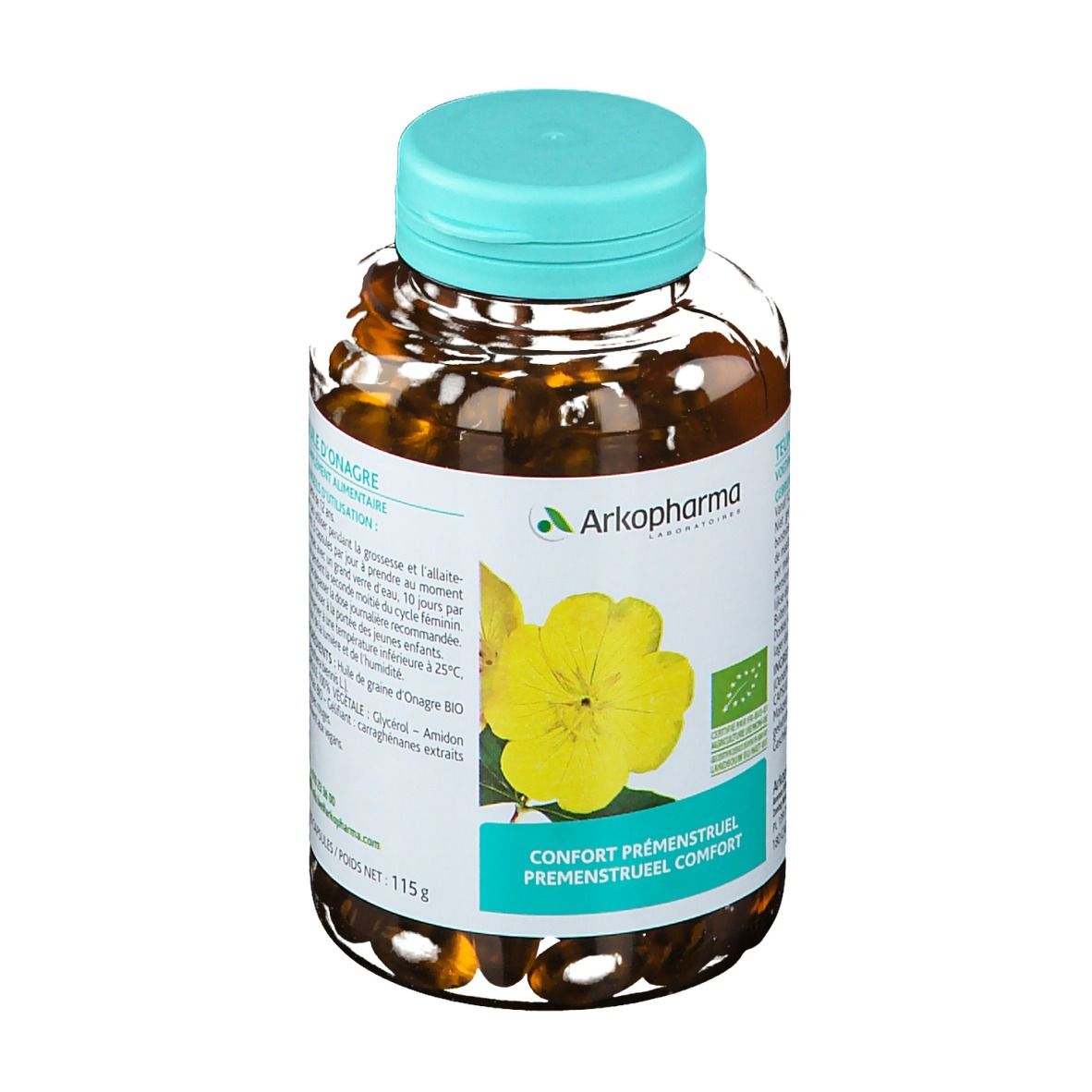 Flacon de gélules avec bouchon bleu et étiquette avec informations produit et logo Arkopharma.