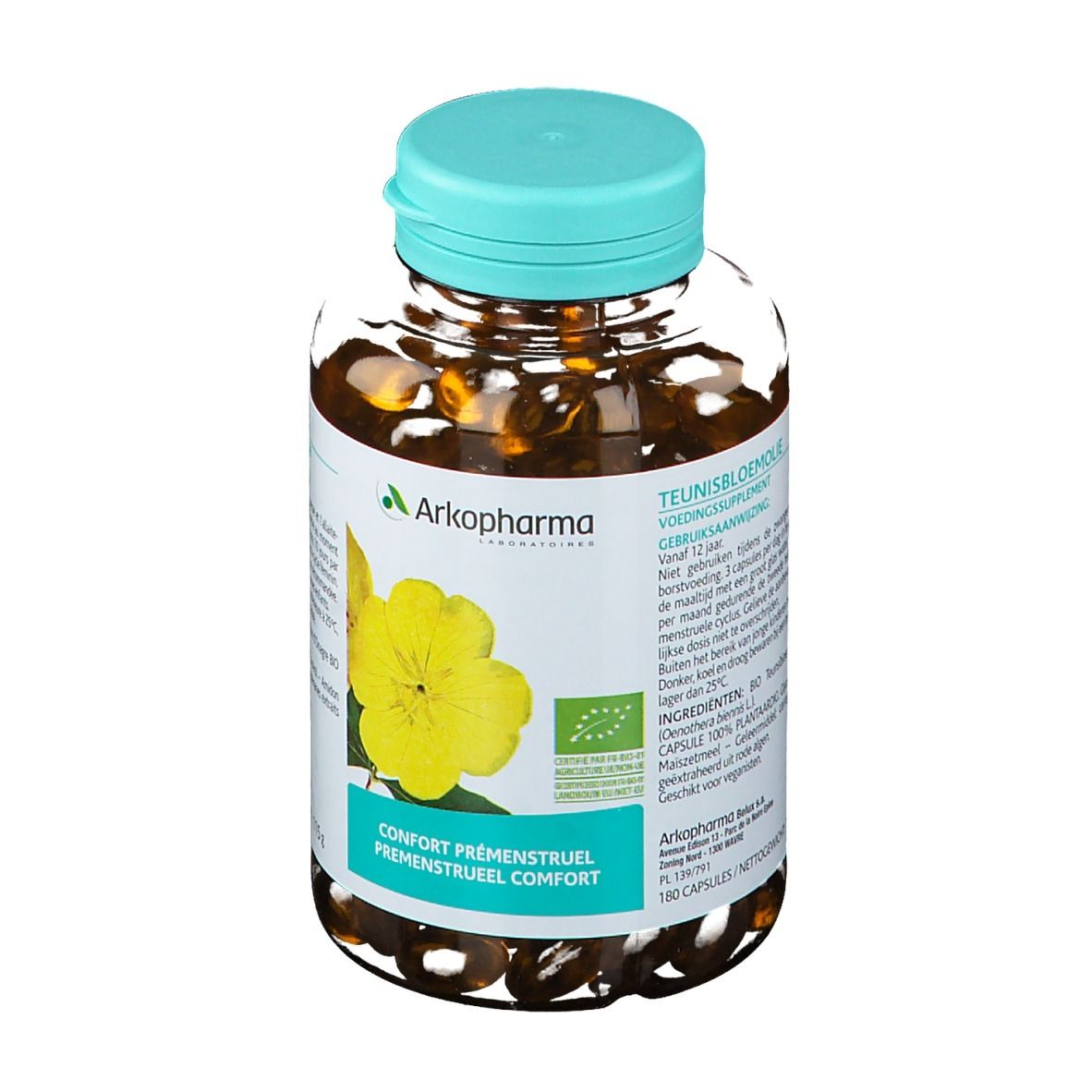 Flacon de gélules, bouchon bleu et étiquette avec informations produit et logo Arkopharma.