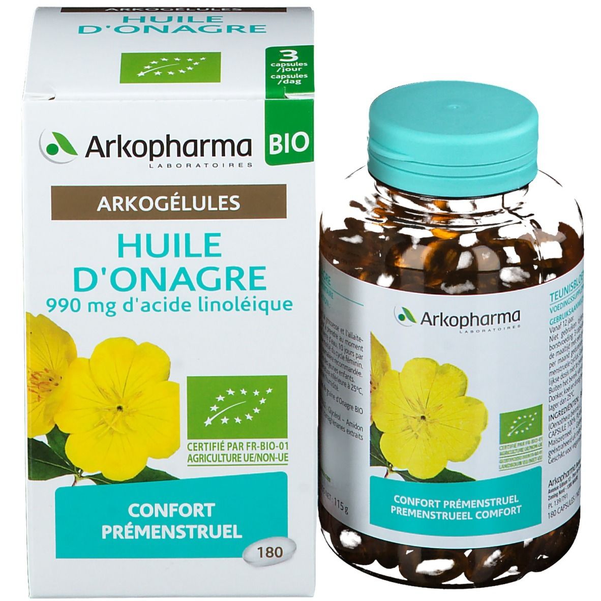 Emballage produit avec flacon et boîte. Boîte avec nom du produit, logo et certification.