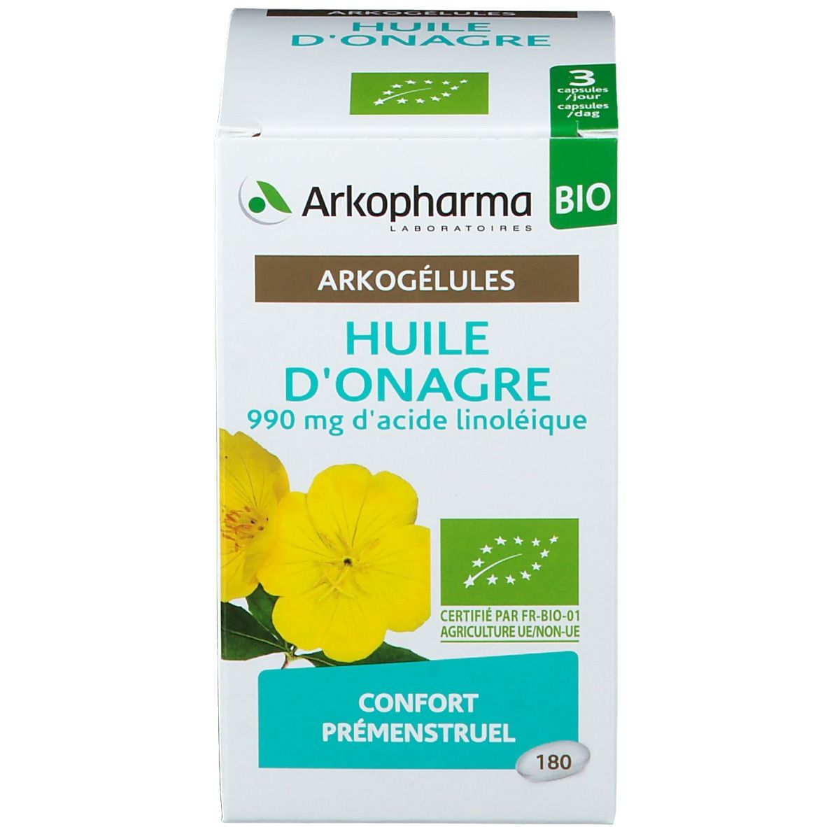 Emballage produit, boîte blanche avec nom du produit, logo et certification.