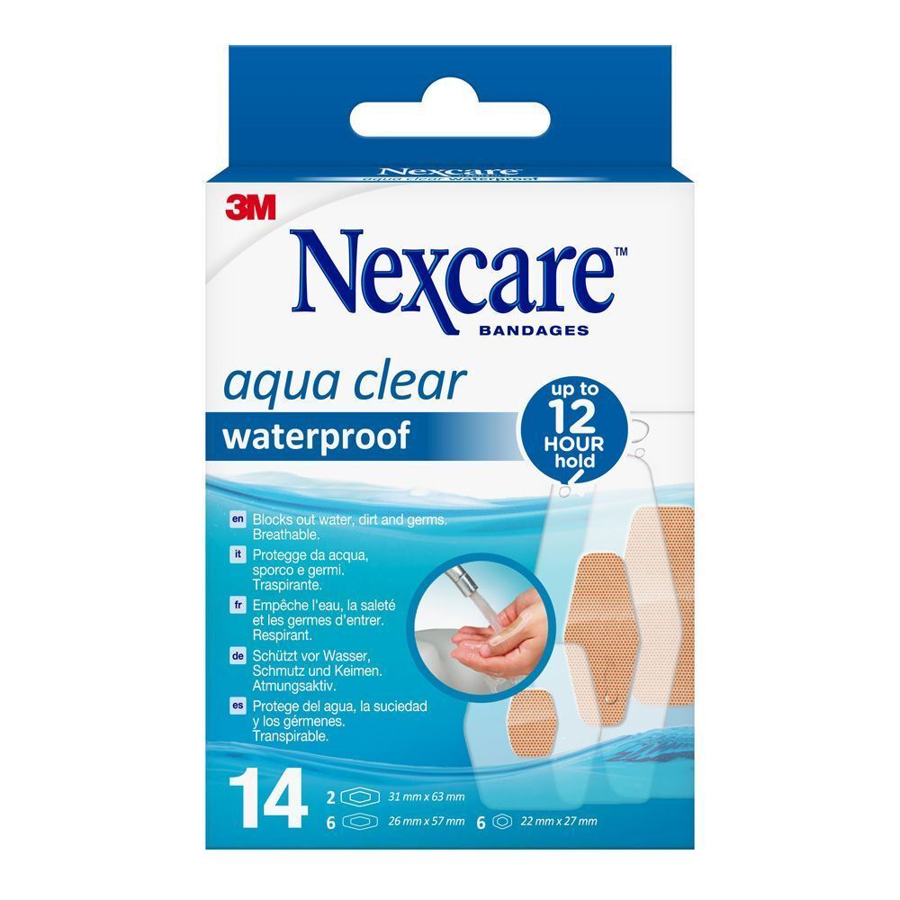 Boîte de pansements Nexcare aqua clear waterproof. Contient 14 pansements de tailles variées.