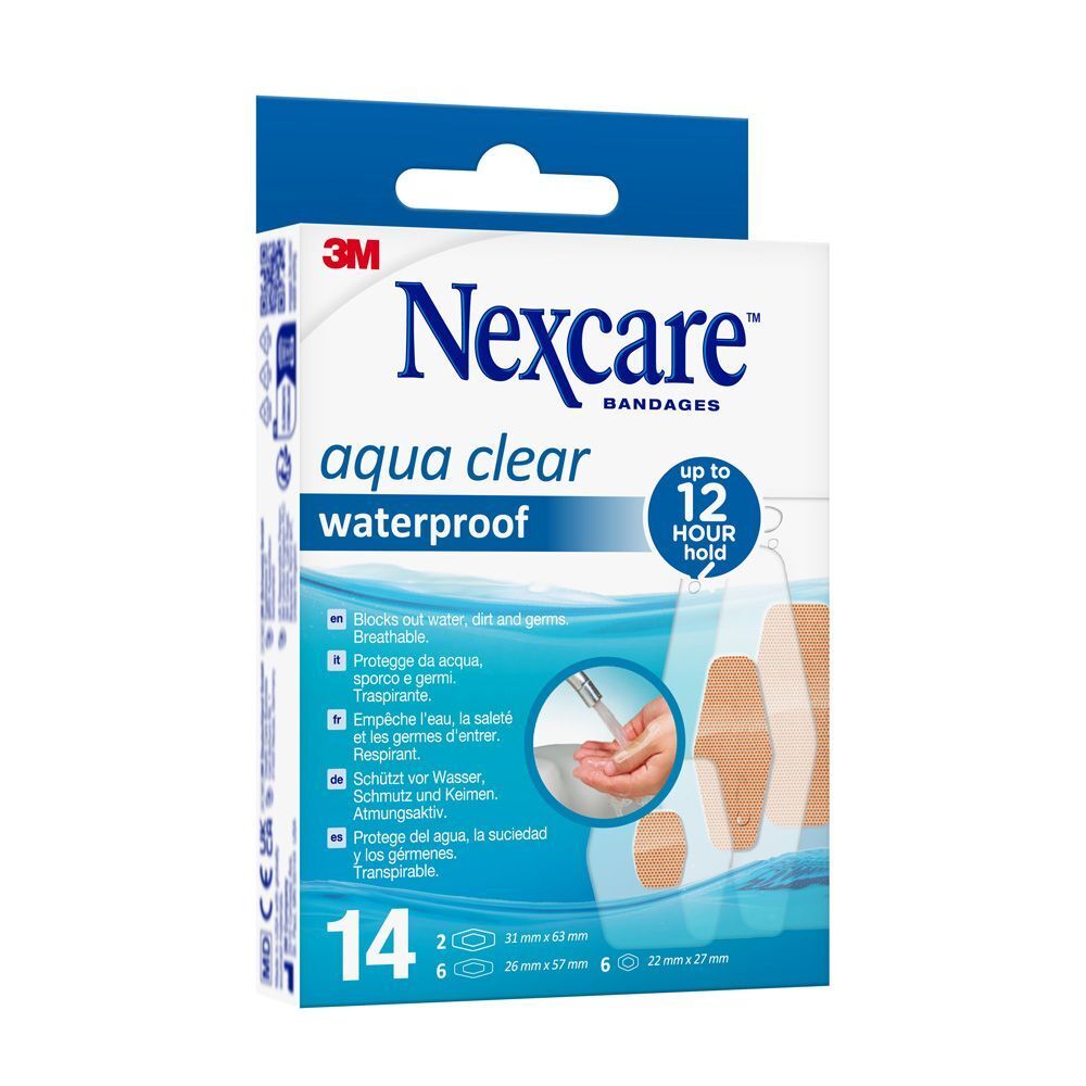 Boîte de pansements Nexcare aqua clear waterproof. Contient 14 pansements de tailles variées.