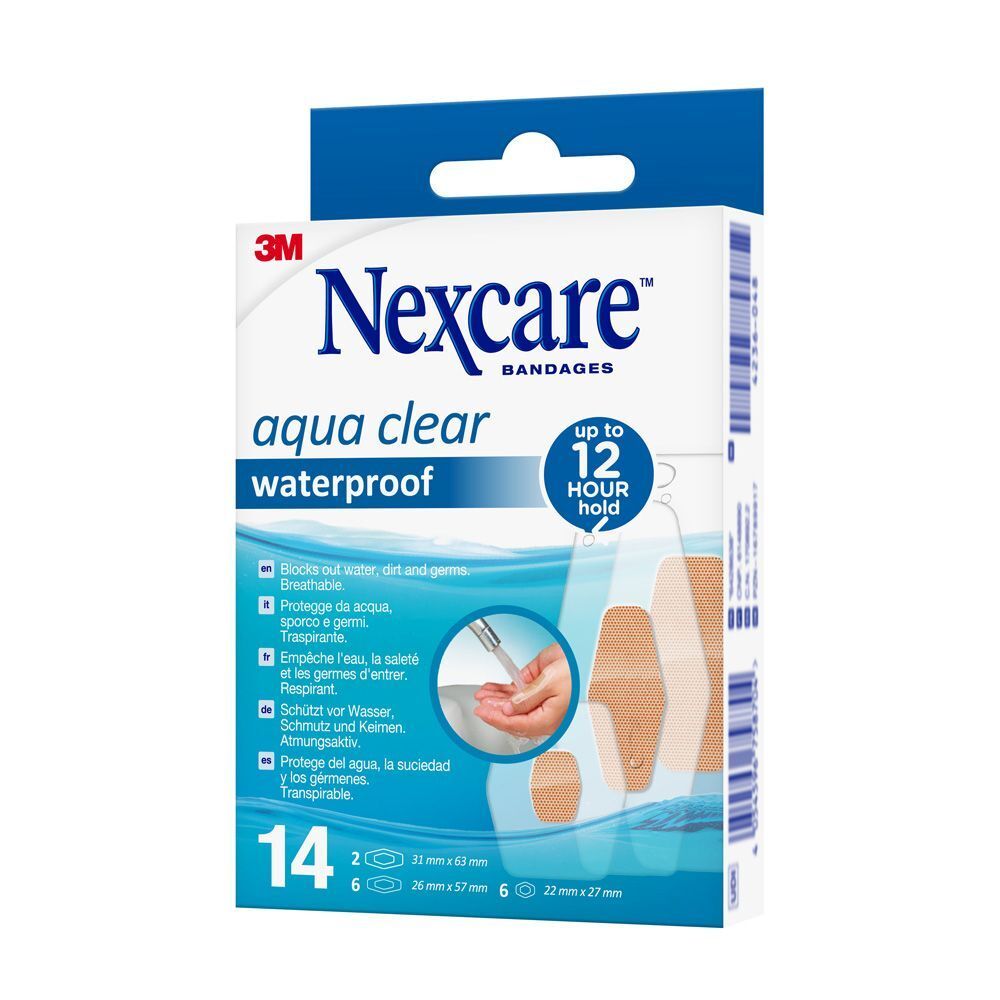 Dos de la boîte de pansements Nexcare aqua clear waterproof. Instructions et informations.