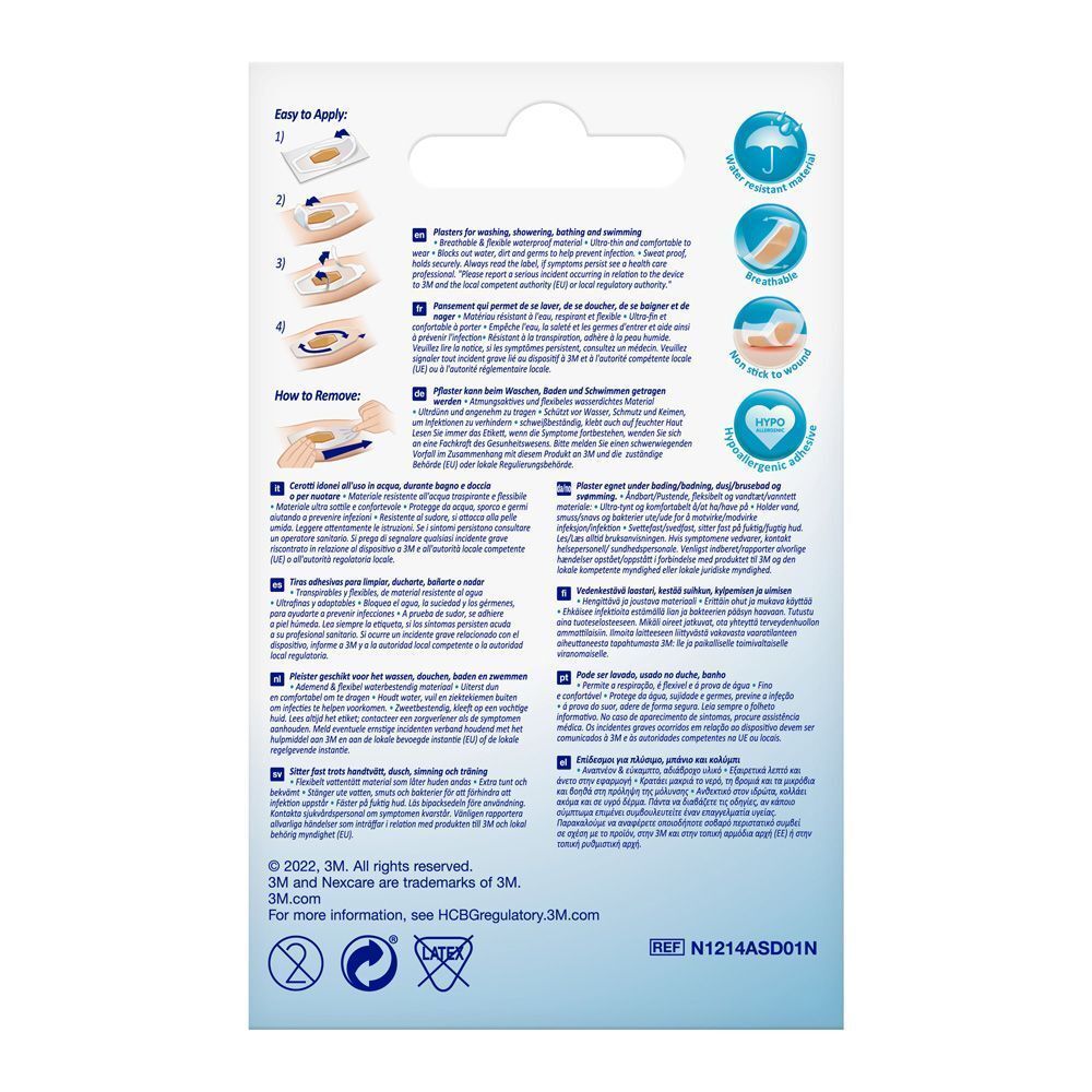 Dos de la boîte de pansements Nexcare aqua clear waterproof. Instructions et informations.