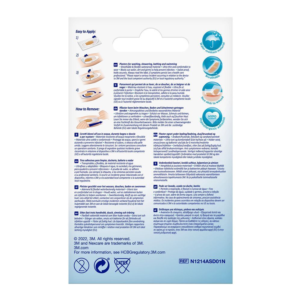 Dos de la boîte de pansements Nexcare aqua clear waterproof. Instructions et informations.