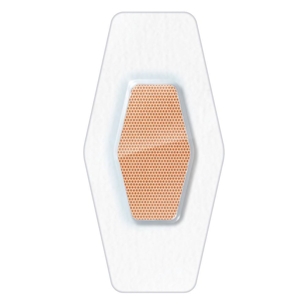 Un pansement transparent unique. Forme hexagonale allongée.