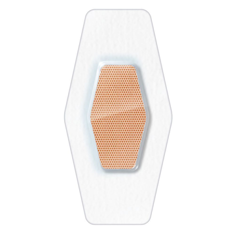 Un pansement transparent unique. Forme hexagonale allongée.