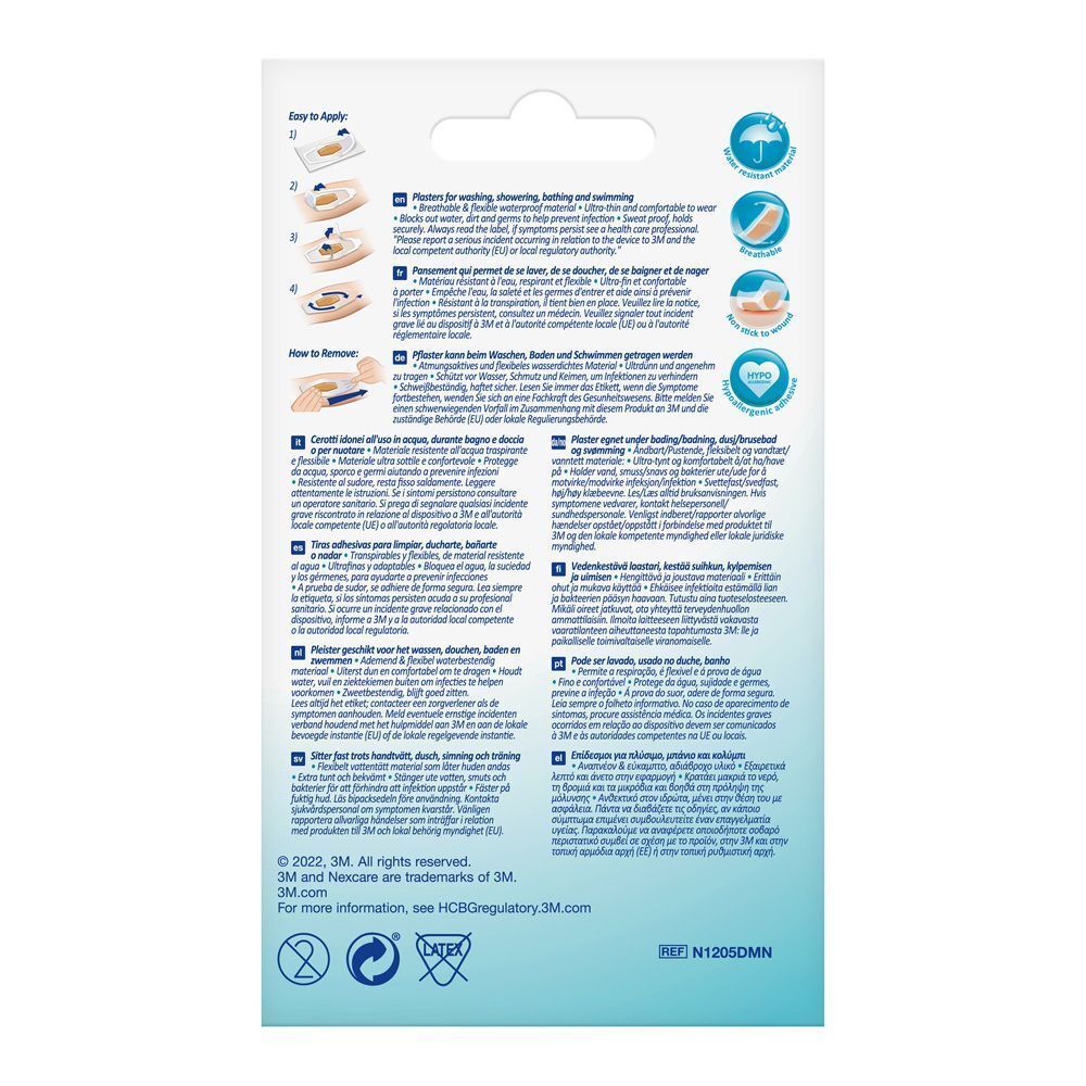 Dos de la boîte de pansements Nexcare aqua clear MAXI. Instructions.