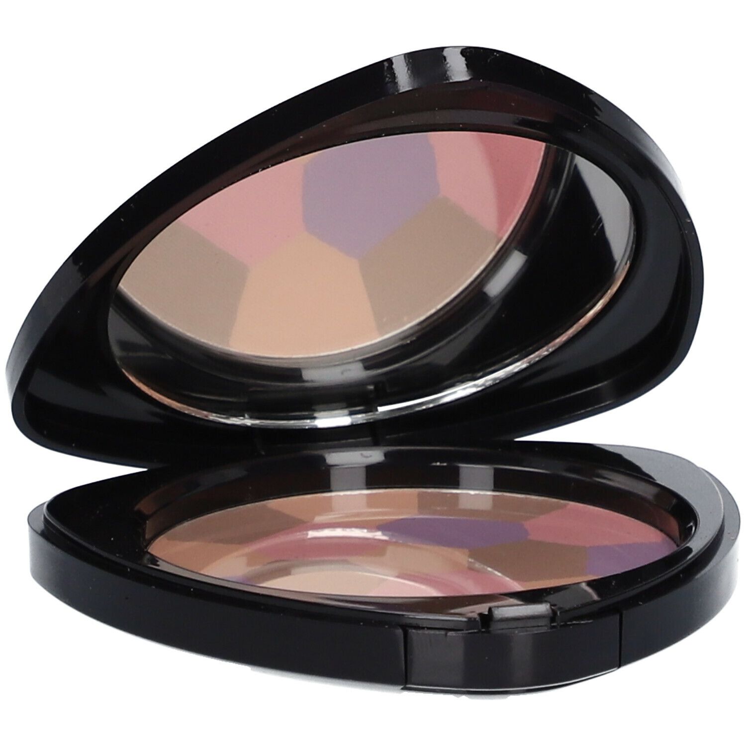 Poudre compacte ouverte, miroir intégré. Boîtier noir triangulaire. Segments de poudre multicolores.