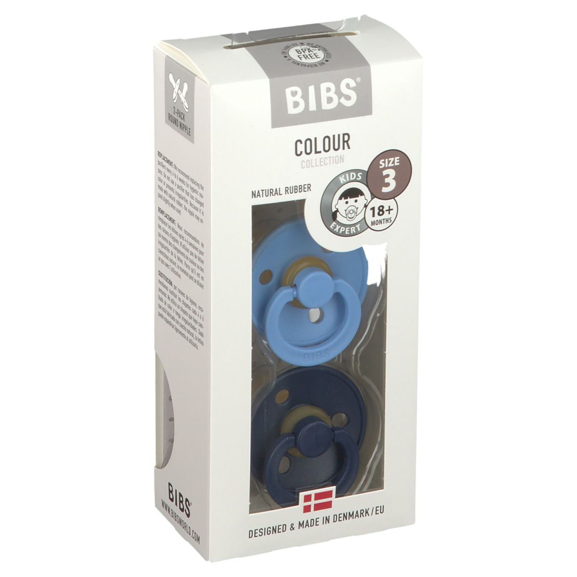 BIBS® COLOUR, deux sucettes dans un emballage. Bleu et bleu foncé. Taille 3, pour enfants de +18 mois.