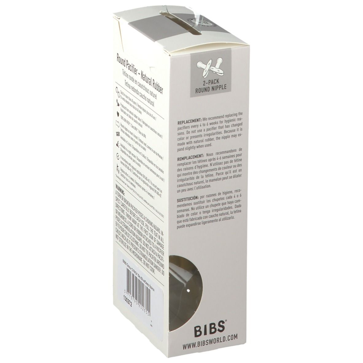 Dos de l'emballage des sucettes BIBS® COLOUR. Texte: Round Pacifier - Natural Rubber. Informations produit.