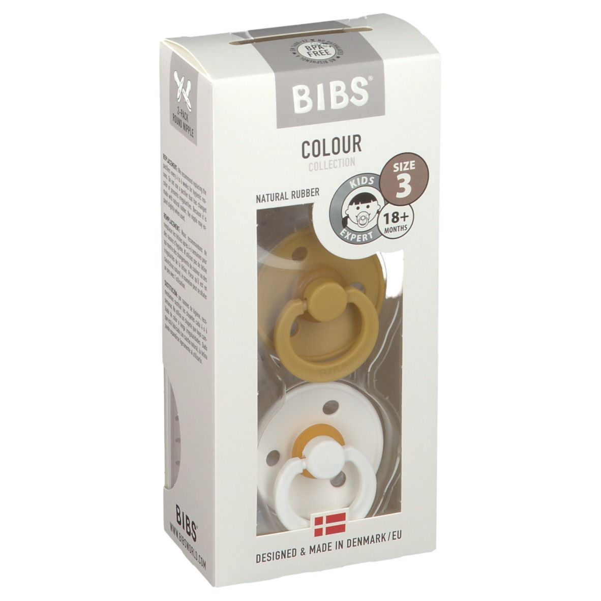 BIBS sucettes moutarde et blanc, lot de 2, taille 3 (18+ mois), dans emballage. Caoutchouc naturel, sans BPA.