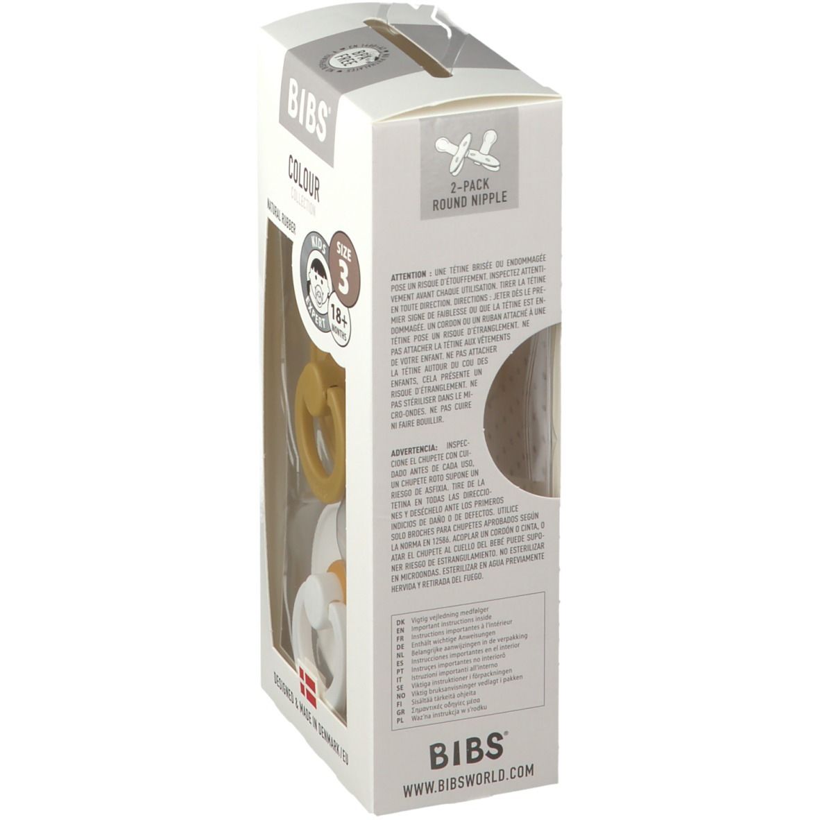 Emballage BIBS, vue de côté. Contient 2 sucettes, moutarde et blanc. Informations sur le matériau, la taille et les certifications.