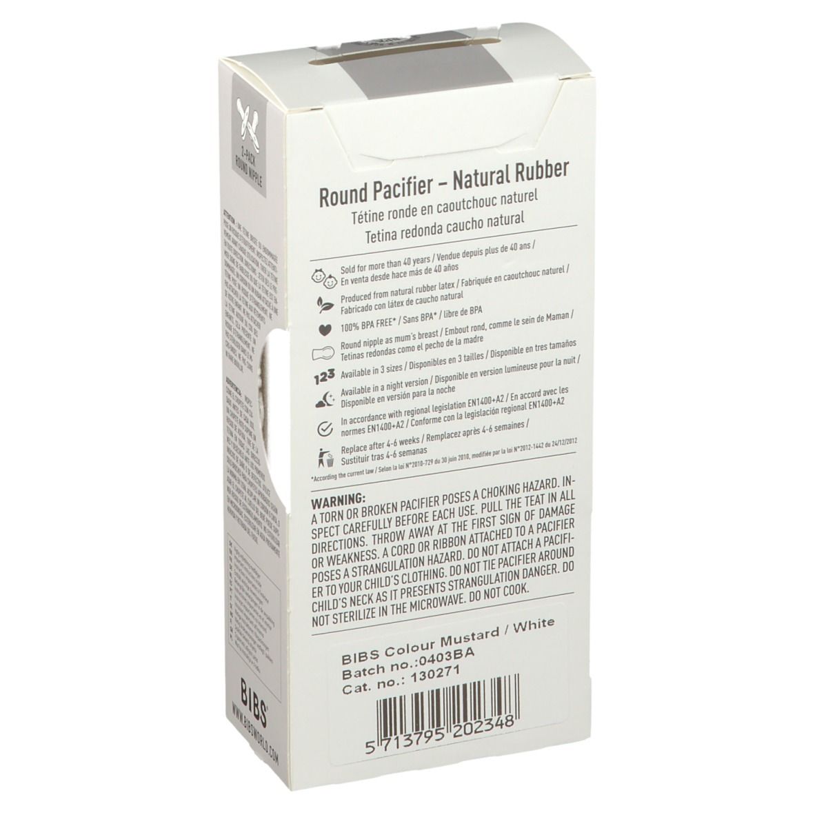 Dos de l'emballage BIBS. Informations sur le matériau, l'âge recommandé, les avertissements et les coordonnées du fabricant. Moutarde/Blanc.