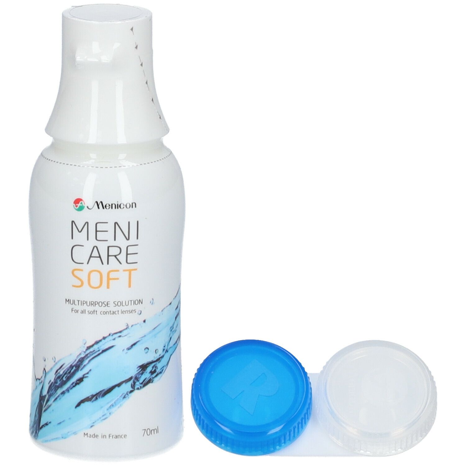 Flacon blanc Menicare Soft, solution multifonction. Boîte de lentilles bleue et blanche. Contenance 70ml.