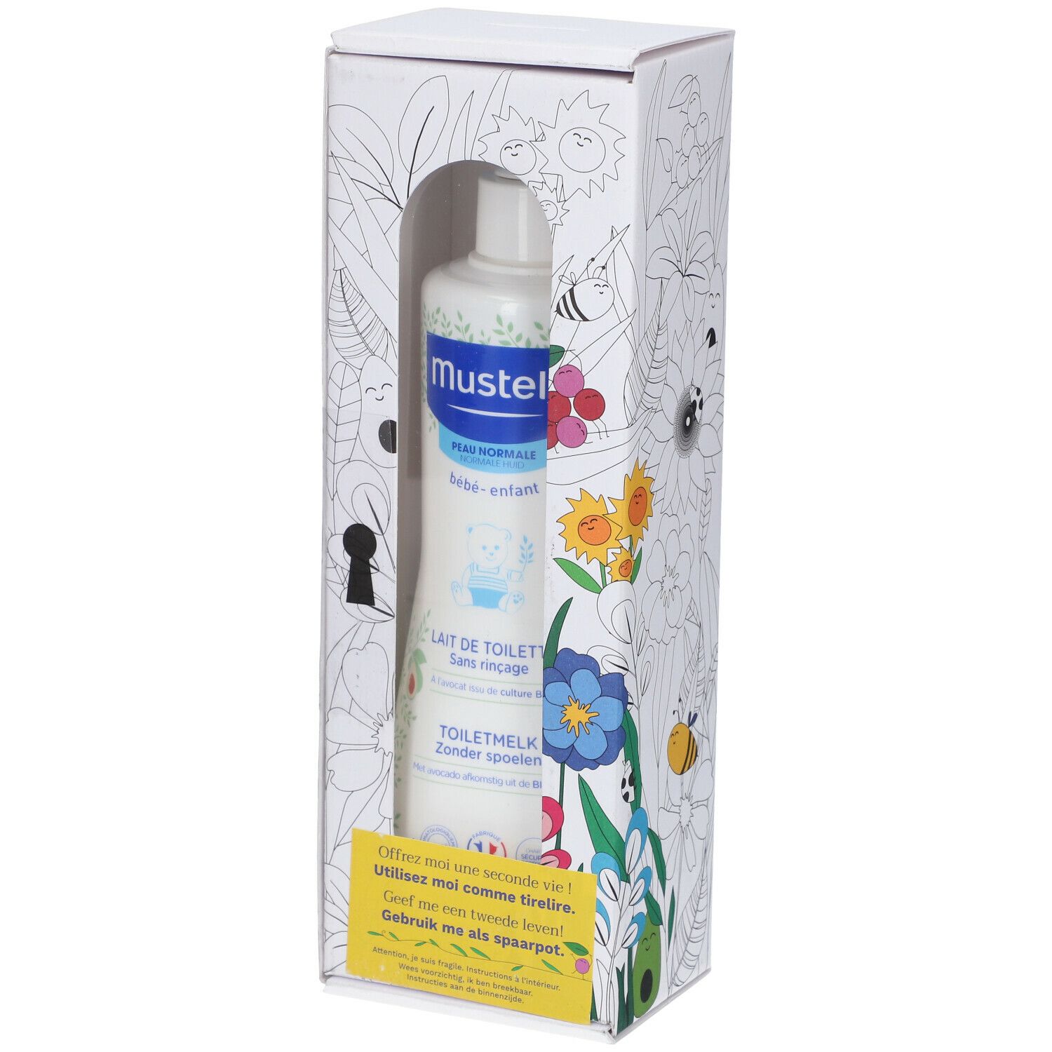 Flacon dans un emballage blanc avec dessins floraux. Étiquette produit avec texte. Note jaune avec texte en bas.