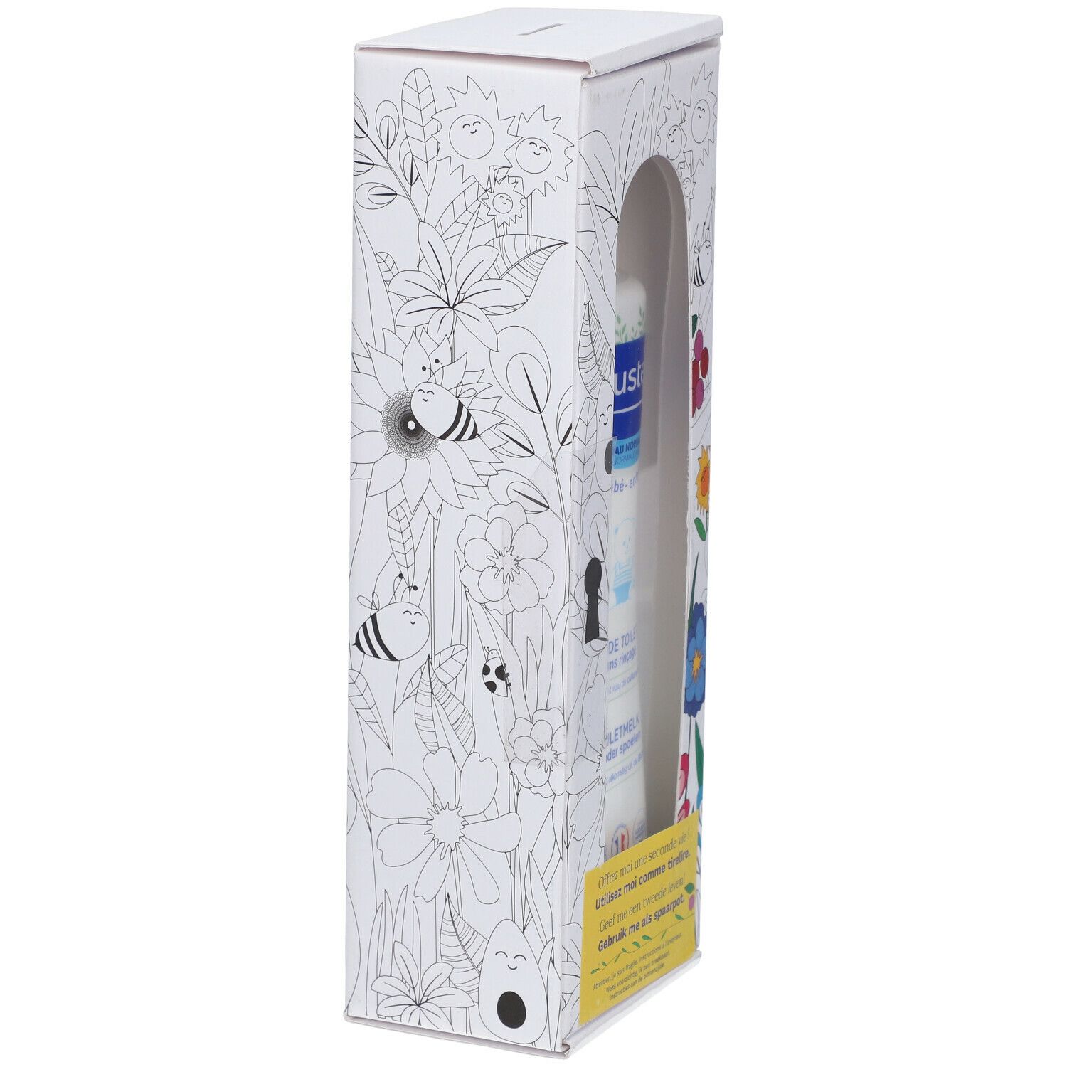 Emballage blanc avec dessins floraux. Flacon avec étiquette produit visible à travers une découpe. Note jaune avec texte.