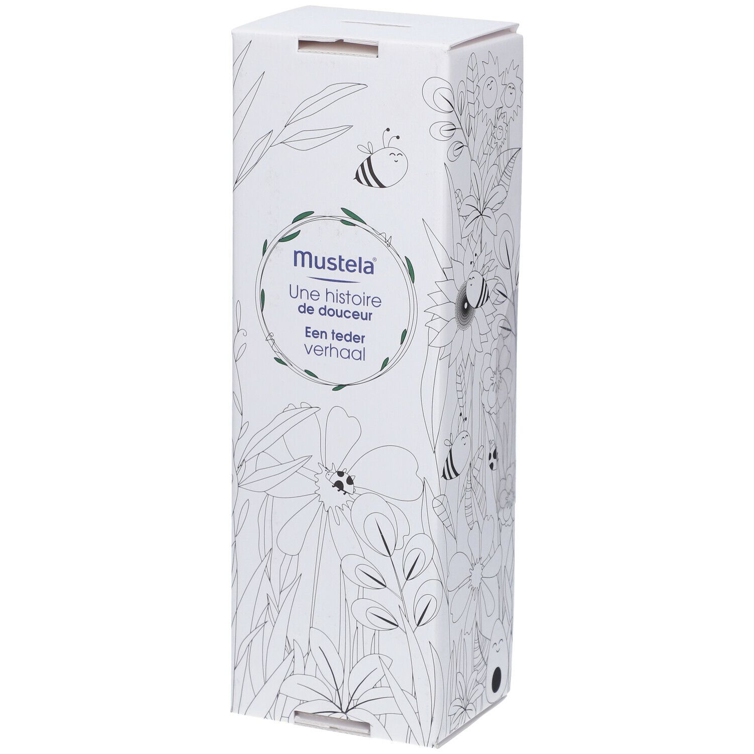 Emballage blanc, haut, avec dessins floraux. Texte: Mustela, Une histoire de douceur, Een leder verhaal.