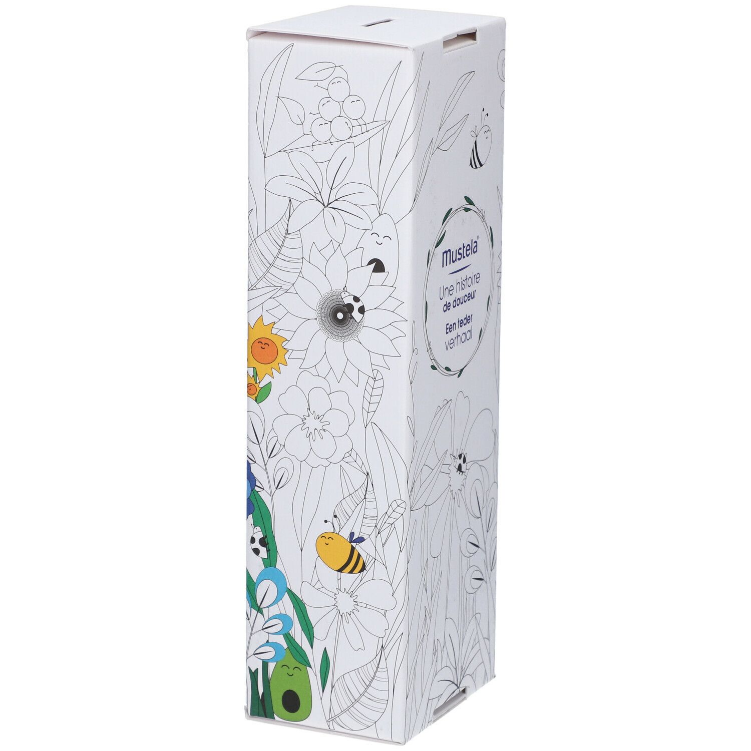Emballage blanc, haut, avec dessins floraux. Texte: Mustela, Une histoire de douceur, Een leder verhaal.