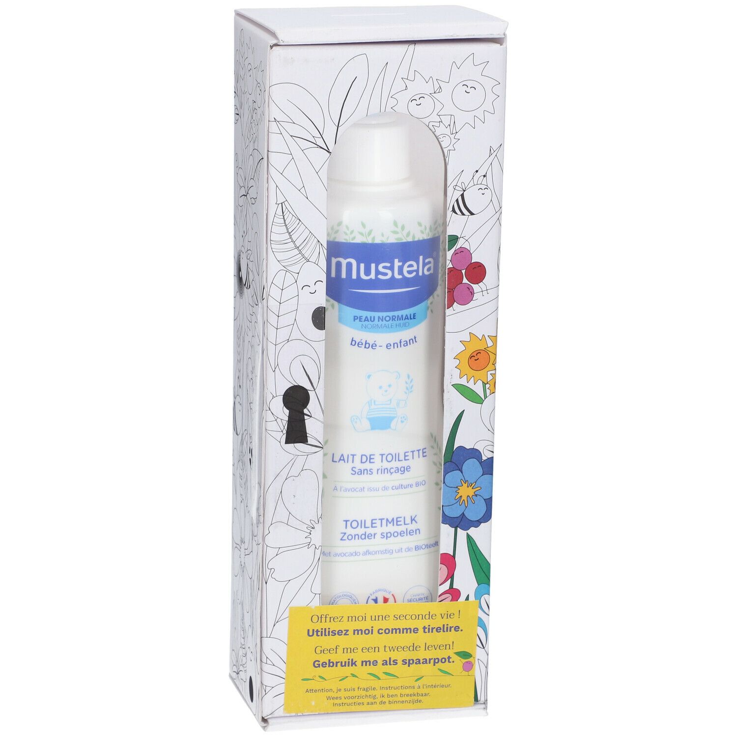 Flacon dans un emballage blanc avec dessins floraux. Étiquette produit avec texte. Note jaune avec texte en bas.