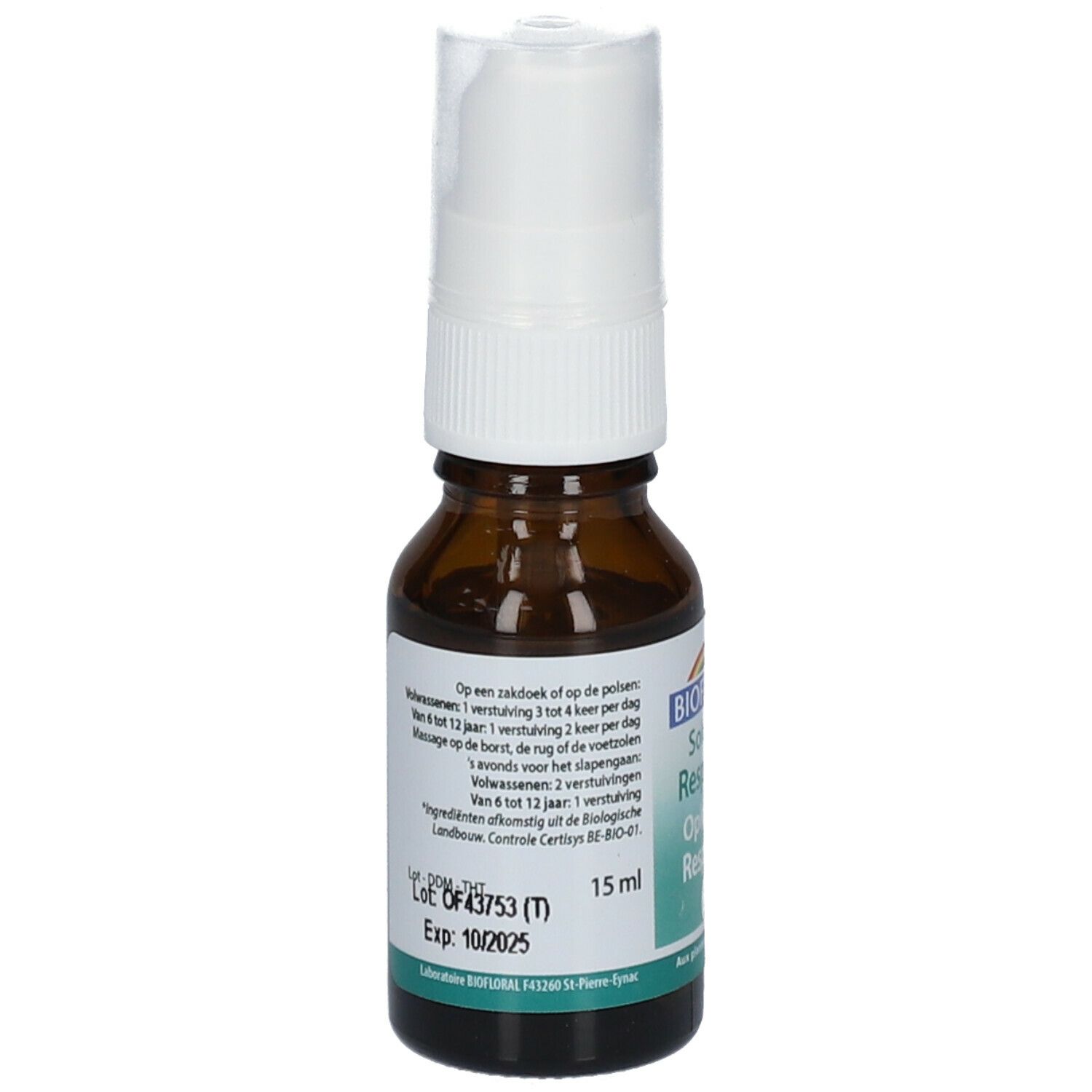 Flacon en verre brun avec vaporisateur. Étiquette avec informations sur le produit. Vaporisateur blanc.