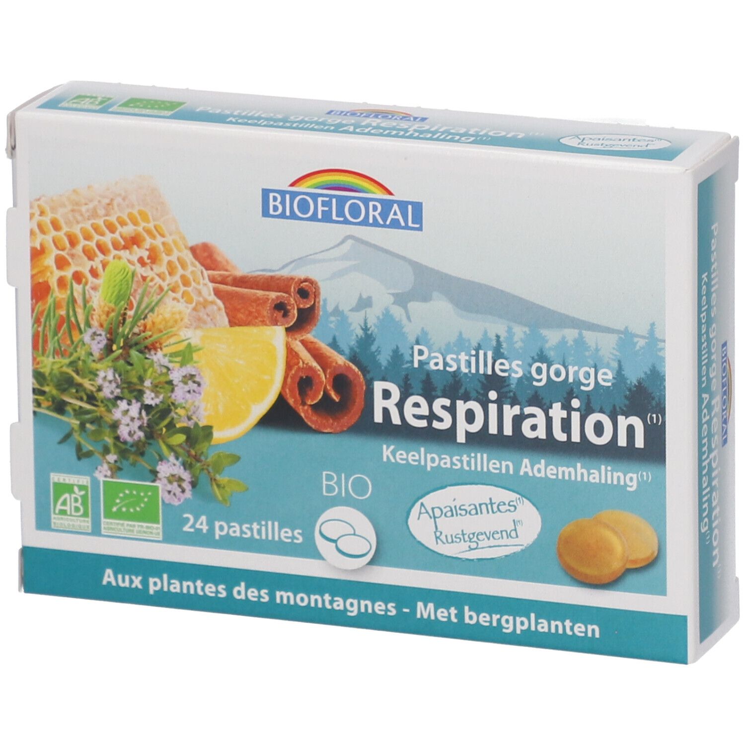 Boîte de pastilles. Inscriptions: BIOFLORAL, Pastilles gorge Respiration, 24 pastilles, label BIO, rayon de miel, citron, cannelle.