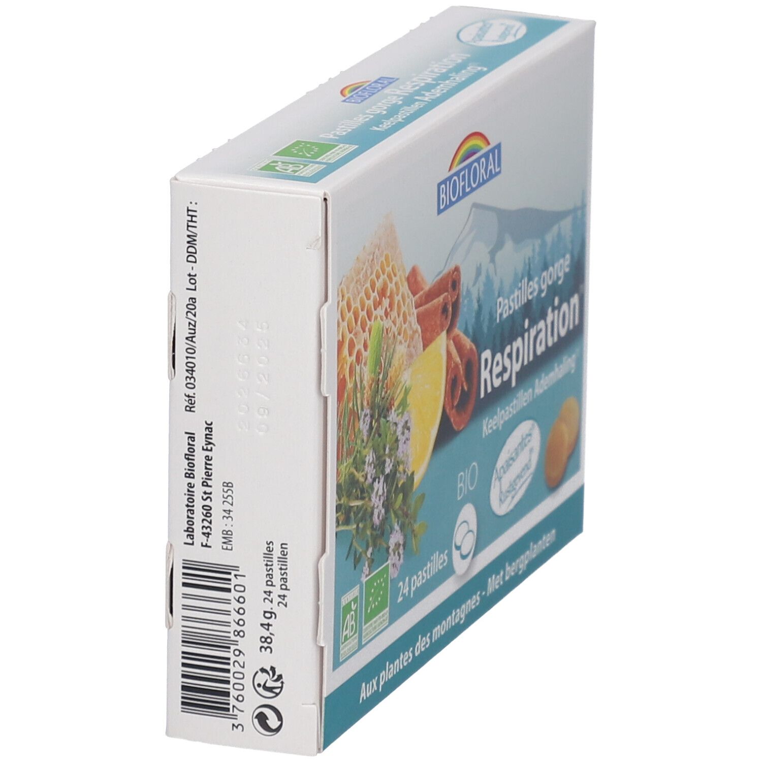 Boîte en biais. Inscriptions: BIOFLORAL, Pastilles gorge Respiration, 24 pastilles, label BIO, rayon de miel, citron, cannelle. Code-barres et fabricant.