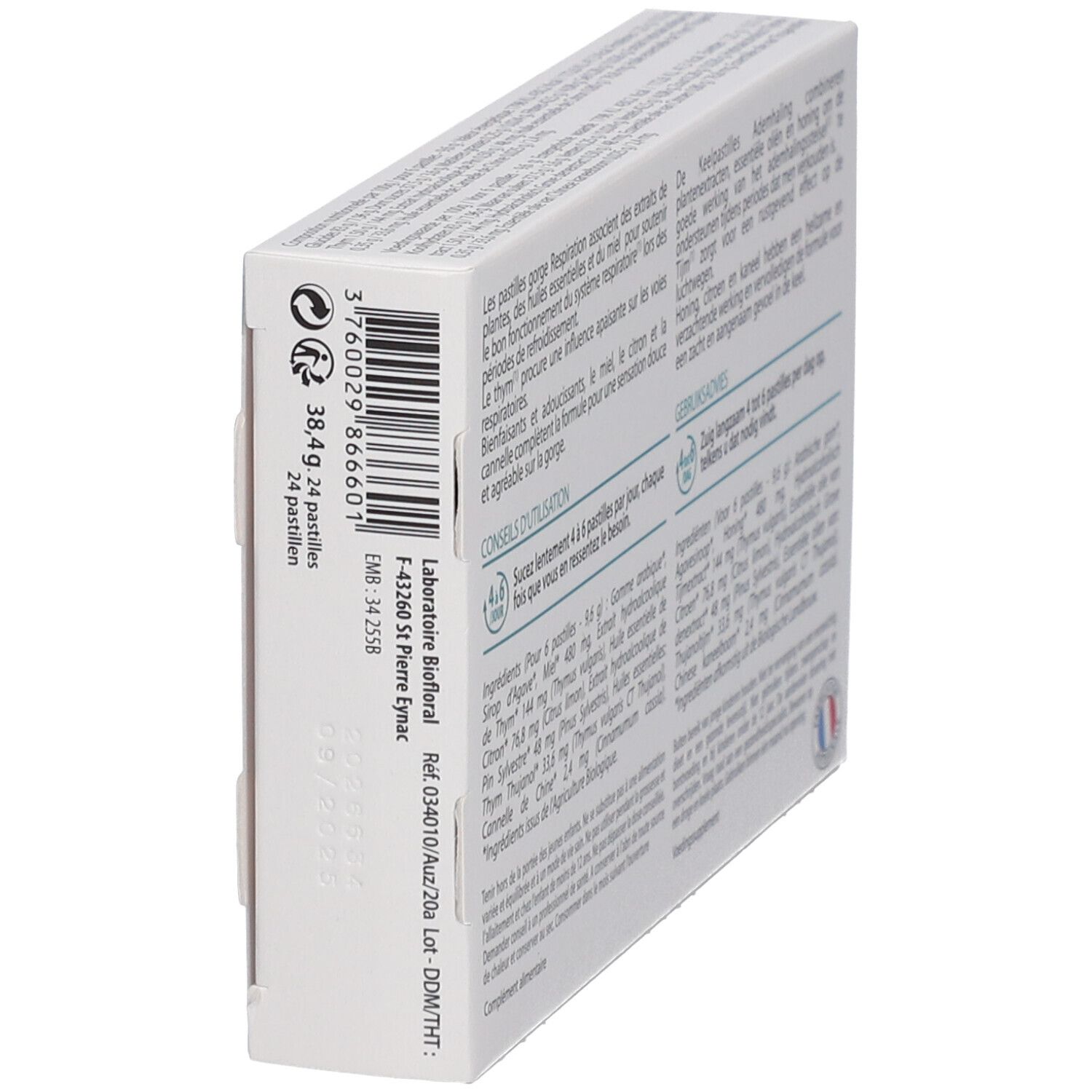 Dos de la boîte. Texte: ingrédients, mode d'emploi, informations fabricant. Label BIO, 24 pastilles, poids.