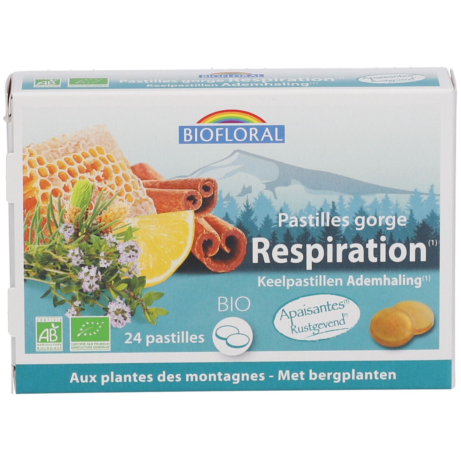 Boîte de pastilles. Inscriptions: BIOFLORAL, Pastilles gorge Respiration, 24 pastilles, label BIO, rayon de miel, citron, cannelle.